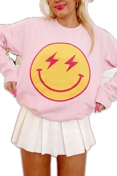 Striking Smiles Lightning Bolt Smiley Crewneck | Sassy Shortcake Sassy Shortcake, Pink Crewneck, Lightning Bolt, Smiley Face, Smiley, Light Pink, Crew Neck, Collage, Pink