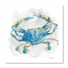 a blue crab with yellow legs on a white background, watercolor drawing by artist susan schreck