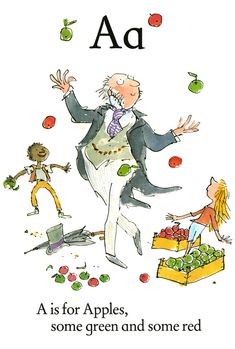 an illustrated book with the title'a is for apples, some green and some red