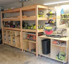 a garage filled with lots of wooden shelves and tools on top of eachother