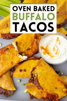 oven baked buffalo tacos on a plate with ranch dip and celery sticks