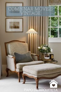 a chair and ottoman in front of a window with the words combinar movies vintage