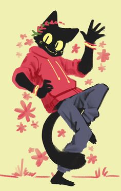 a drawing of a black cat with yellow eyes and a red shirt on is doing a trick