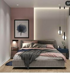 a bedroom with pink walls and grey bedding, two lamps on either side of the bed