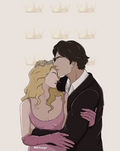 a drawing of a man and woman kissing each other with crowns on the wall behind them