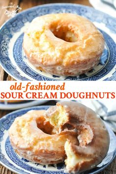 two glazed doughnuts on blue and white plates with the words old - fashioned sour cream doughnuts