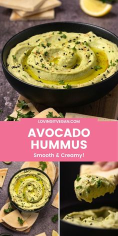 avocado hummus in a black bowl with cilantro and parsley