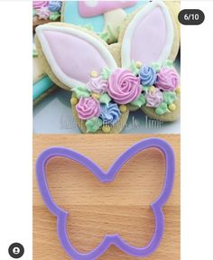 some cookies and cookie cutters are on the table next to an image of bunny ears