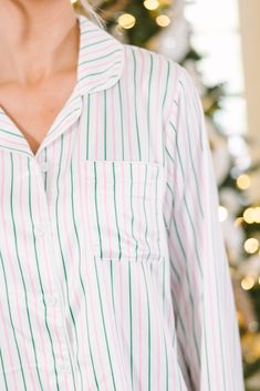 Plan on staying in a lot this holiday season? Or at least plan on staying with family and friends for Christmas eve? Then these pajamas are perfect for you! They are so cute and totally comfy! These classic pjs are going to have you feeling festive and fun this holiday season! Top Collared neckline Button down front closure Long sleeves Striped print No stretch Bottoms Elastic waist Striped print No stretch however the elastic extends the waist *These run large. You may consider sizing down. Bai Fall Stripes, Strip Pattern, Striped Pyjamas, Mint Julep Boutique, Model Fits, Staying In, Stripe Print, Christmas Eve, Pajama Set