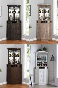 three different views of a wooden bar with wine glasses on the top and bottom shelves