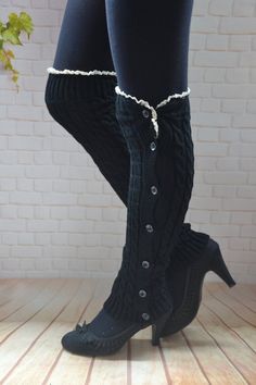 Black   Button Down knited  Leg Warmers    with  lace   Lace, Knee  Sock   Lace Boot  socks slouchy Fitted Black Socks With Lace Trim, Fitted Lace Trim Socks For Winter, Fitted Lace Trim Winter Socks, Boots With Leg Warmers, Lace Boot Cuffs, Lace Boot Socks, Lace Leg Warmers, Wool Fingerless Gloves, Witch Boots