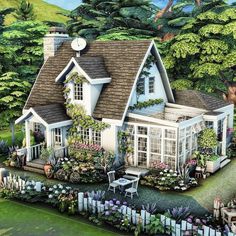 this is an artist's rendering of a house in the woods with lots of flowers