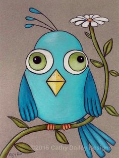 a drawing of a blue bird sitting on a branch with daisies in the background