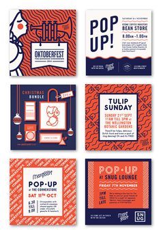 four different flyers for pop up in orange, blue and white with the words pop up on