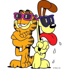 two cartoon cats and a dog with sunglasses on, one is holding the other's arm