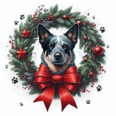 a dog wearing a red bow and surrounded by holly wreaths, christmas decorations and balls