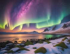 the aurora bore is shining brightly in the sky over water and snow covered rocks, with mountains in the background