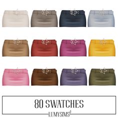 eight different colors of skirts with bows on the front and bottom, all in various sizes