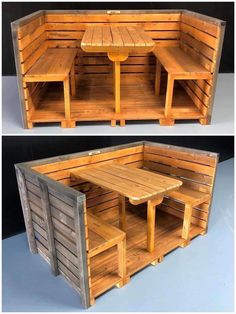 two wooden benches made out of pallets with tables and stools on each side