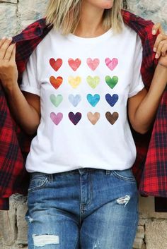 White Colorful Hearts Print Valentine Short Sleeve T-shirt Colorful Short Sleeve T-shirt For Spring, Cute Multicolor T-shirt For Spring, Summer Multicolor T-shirt With Rainbow Print, Casual Heart Print T-shirt For Spring, Casual Short Sleeve T-shirt With Heart Print, Trendy Heart Graphic T-shirt For Summer, Cute Multicolor Graphic Print T-shirt, Colorful Graphic Print T-shirt, Trendy Multicolor T-shirt For Spring