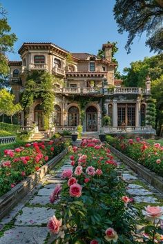 a large house with many flowers in front of it