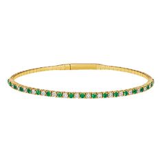 Natural Emerald & Diamond Flexible Bangle Bracelet 14k Yellow Gold Luxury Diamond Jewelry, Gemstone Diamond Ring, Flexible Bracelet, Treasure Jewelry, Diamond Jewelry Store, Luxury Diamonds, Pretty Bracelets, Diamond Bangle, Tennis Bracelet Diamond