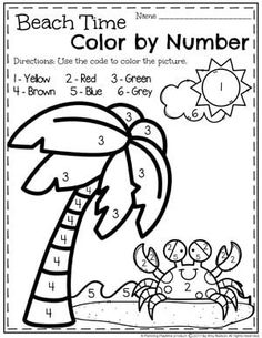 beach time color by number worksheet for kids to practice numbers 1 - 5