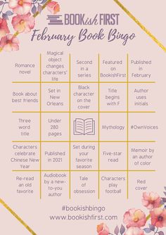 the bookish first february book bingo game is shown with flowers and leaves on it