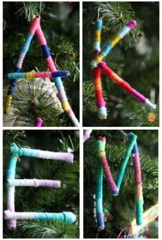 yarn and yarn crochet ornaments hanging from a christmas tree with the words, twig and yarn initial ornaments