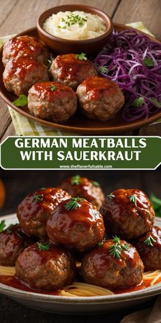 meatballs with saucerkraut served on pasta and garnished with parsley