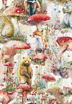 a watercolor painting of animals and mushrooms