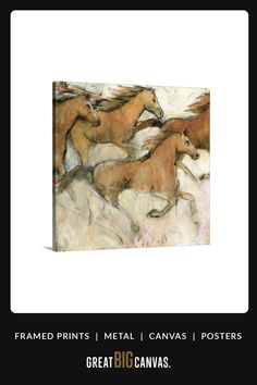 three brown horses running in the snow with text overlay that reads framed prints metal canvass posters great big canvas