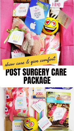 the post surgery care package is packed with teddy bears and other items