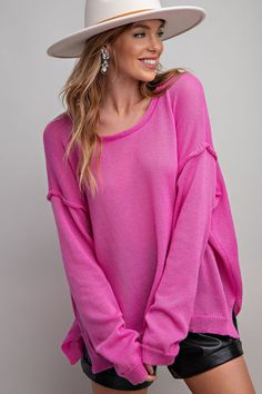 Love Pink Oversized Sweater  Put on this pink oversized sweater for a casually cute look! With its rounded neckline, relaxed and loose fit, and dropped shoulders, this lightweight sweater is perfect for any occasion. The ribbed edges add a touch of texture and style. SMALL MEASUREMENTS : LENGTH - 25" & BUST - 28 5/8" MODEL HEIGHT 5'9 Fabric Content: Polyester Pink Oversized Sweater, Rounded Neckline, Lightweight Sweater, Oversized Sweater, Light Weight Sweater, Model Height, Shopping Cart, Sweaters & Cardigans, Put On