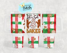 two cups with christmas designs on them and the words let's get bake