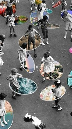 an aerial view of people carrying surfboards on their heads in the middle of a street