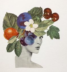 a painting of a woman with fruit on her head and leaves around her head, as well as cherries