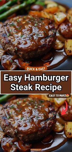 easy hamburger steak recipe on a plate with potatoes and asparagus in the background