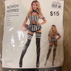 the costume is made to look like it has stripes and thigh high boots on top