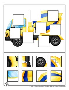 the truck is yellow and blue with white squares on it's sides, as well as four different pictures