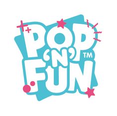 the pop n fun logo is shown in blue and pink with stars on it's side