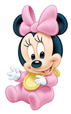 a cartoon minnie mouse with a pink bow on her head and yellow bib around its neck