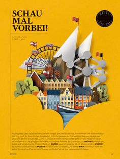 an image of a magazine cover with buildings and ferris wheel