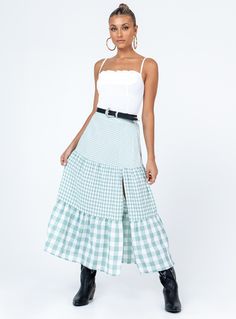 Midi Skirt  Fit & flare  65% cotton 35% polyester  Length of size US 4 / AU 8 waist to hem: 90cm / 35.4“  Alexis is wearing a size US 2 / AU 6   Check print  High waisted  Split hem at side  Elasticated waist at back  Non stretch  Unlined Midi Skirt Green, Pink Formal Dresses, Printed Midi Skirt, Skirt Fits, Strapless Tops, Loungewear Sets, Skirts Online, Curve Dresses, Casual Tank Tops