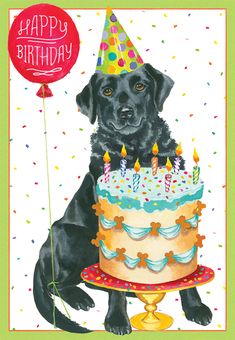 a birthday card with a black dog holding a cake and a balloon in the background