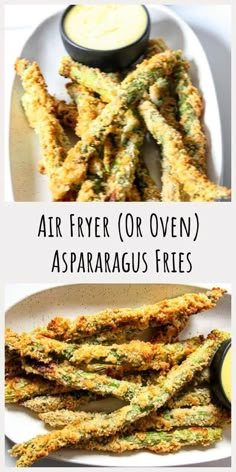 air fryer or ovened asparagus fries on a plate with dipping sauce