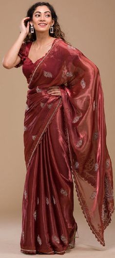 Red and Maroon color Saree in Silk fabric with Embroidered, Thread work Party Wear Traditional, Reception Lehenga, Engagement Reception, Fancy Sarees Party Wear, Traditional Saree, Fancy Sarees, Traditional Sarees, Party Wear Sarees, Thread Work