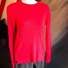 Gorgeous Red Cable Knit Crew Neck Sweater. Made Of Cotton, Rayon And Nylon. It Is Soft And Comfortable. The Hem Has Little Slits For Extra Comfort And Flow At The Bottom. Red Stretch Sweater For Layering, Casual Red Tops With Pointelle Knit, Red Textured Knit Sweater For Layering, Casual Red Stretch Sweater, Casual Red Pointelle Knit Top, Red Cable Knit Tops, Red Cotton Cable Knit Sweater, Red Crew Neck Sweater Solid Color, Red Cable Knit Crew Neck Top