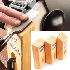 a person is using a sanding machine to cut wood with a pair of scissors