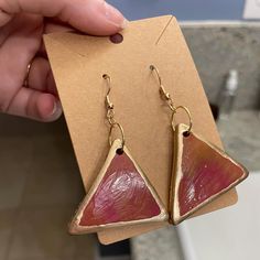 Handmade triangle earrings with pink, green, and yellow color mix and gold accents. Green And Yellow Combination, Handmade Pink Brass Earrings, Handmade Green Triangle Earrings, Yellow Combination, Handmade Pink 14k Gold-filled Earrings, Color Mix, Triangle Earrings, Green And Yellow, Yellow Color